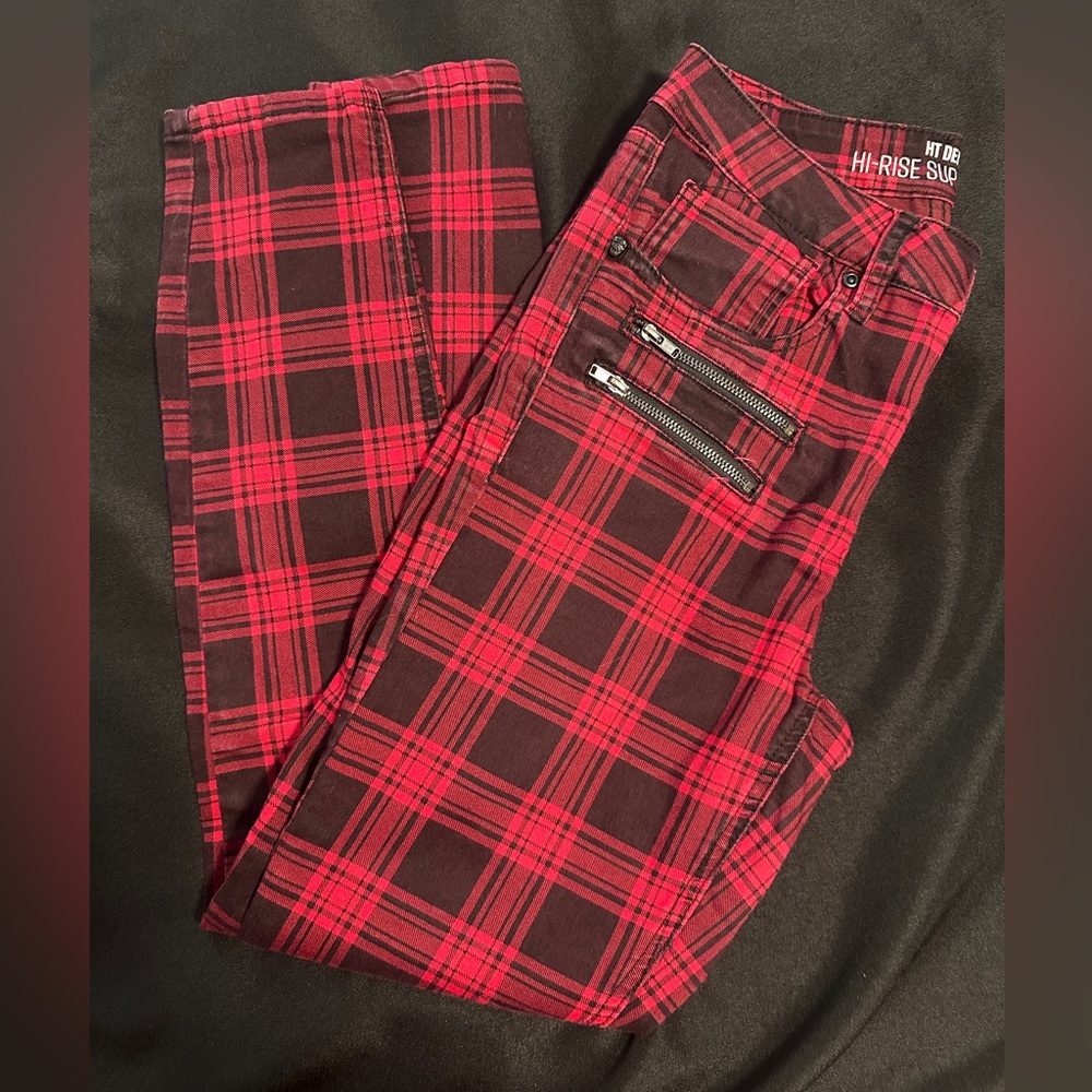 Hot Topic HT Denim Red & Black Plaid Hi-Rise Super Skinny‎ Jeans Sz 7